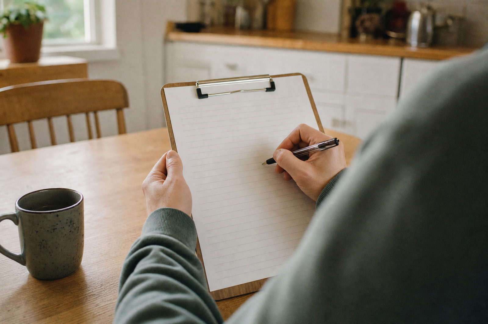 Seen over the shoulder, a seated person writes with a pen on a clipboard of blank ruled paper at a kitchen table.