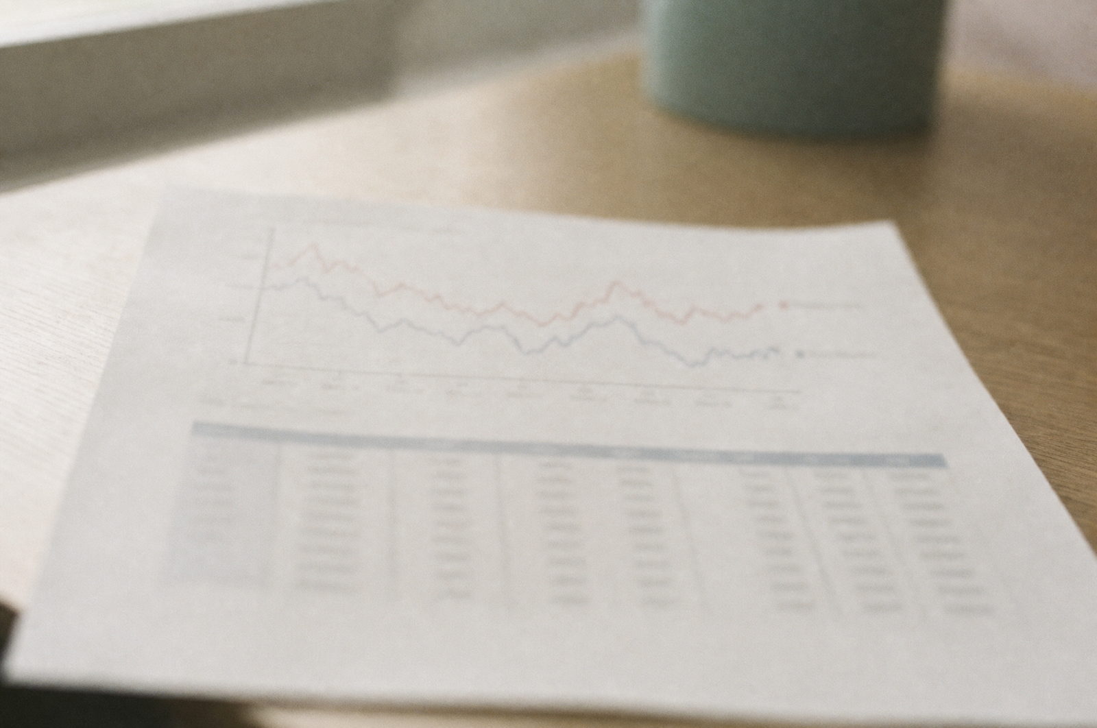 A printed report on a desk showing a line chart and a table of figures, photographed with shallow focus so the figures are not readable.