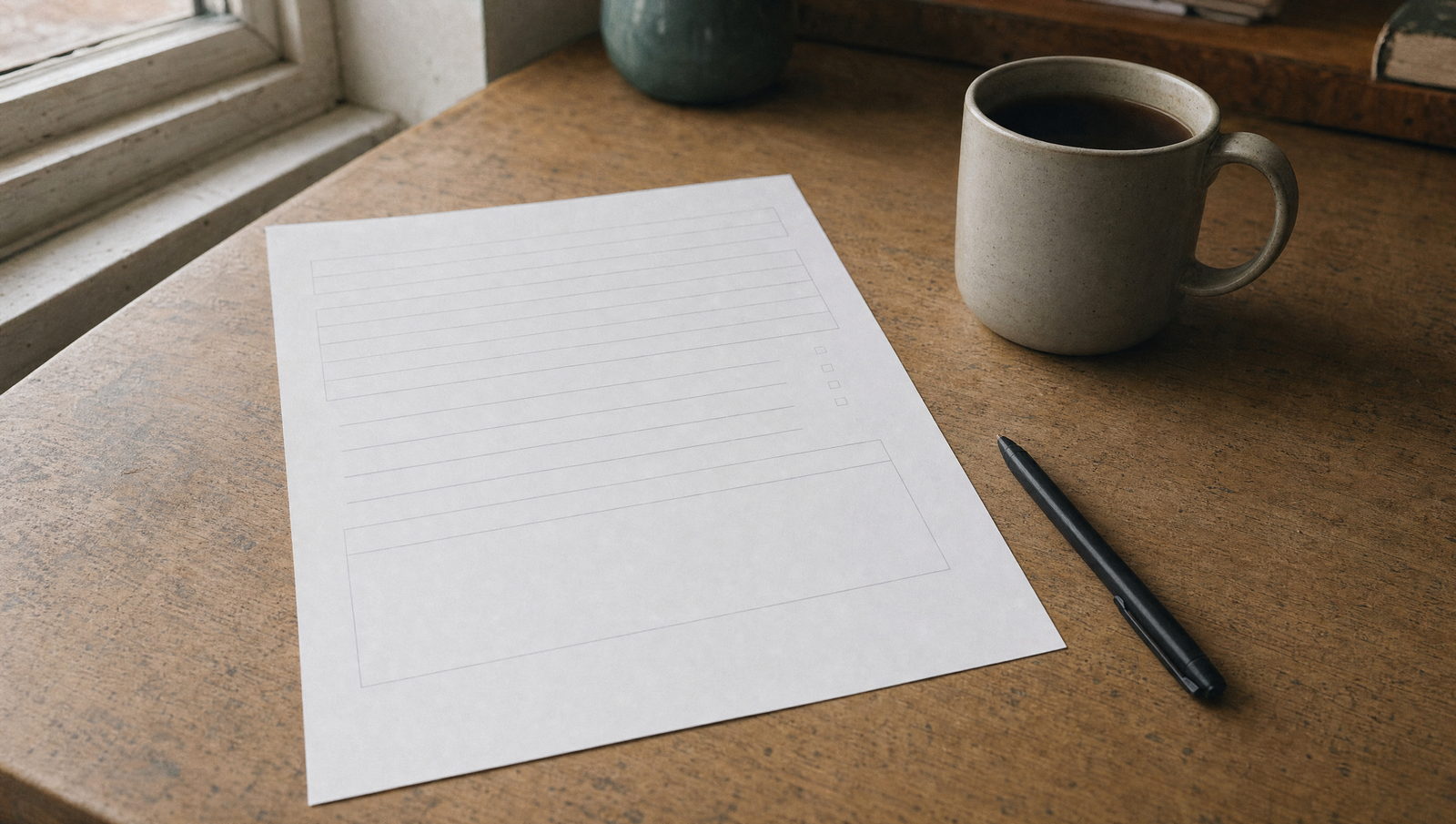 A blank paper questionnaire lying on a wooden desk beside a pen and a mug of coffee, lit by daylight from a nearby window.