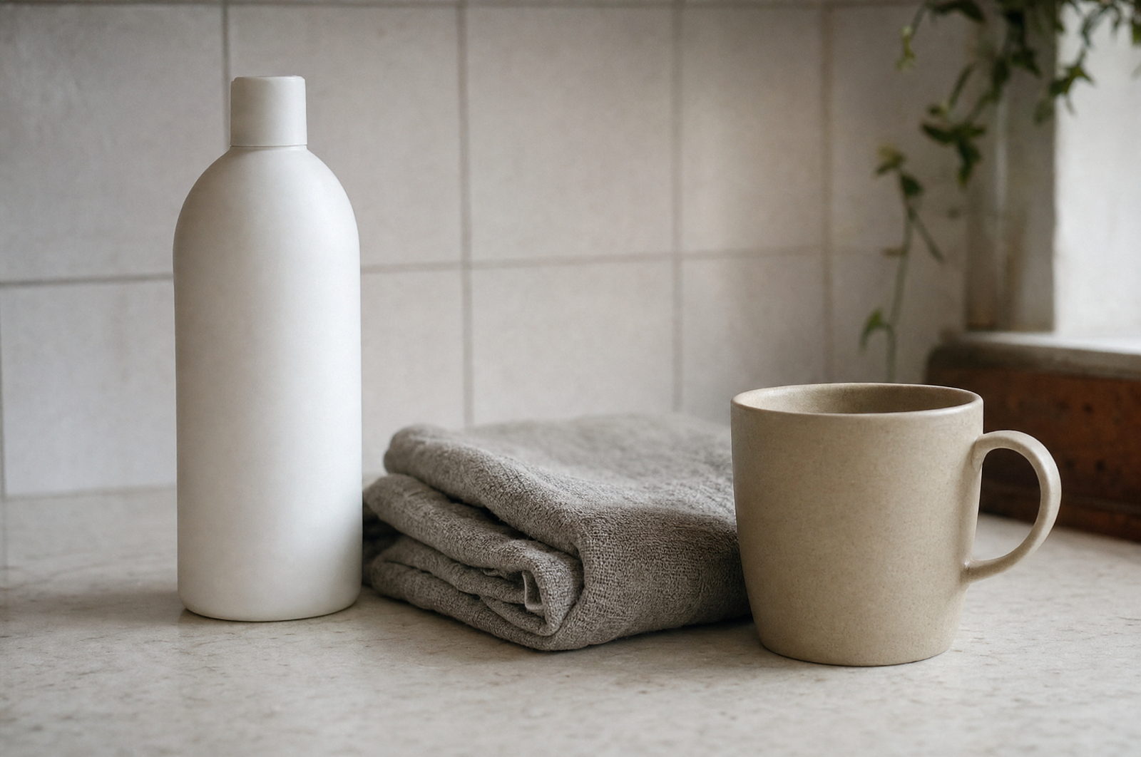 Three plain unbranded household items on a kitchen counter: a white bottle, a folded grey towel and a ceramic mug.